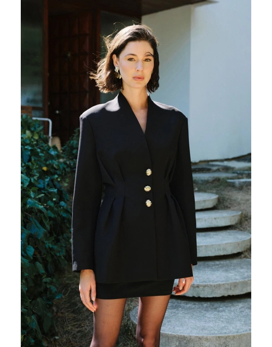 Gold Düğmeli Uzun Ceket - Siyah