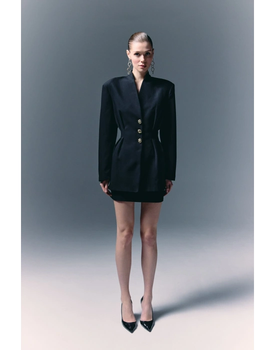 Gold Düğmeli Uzun Ceket - Siyah