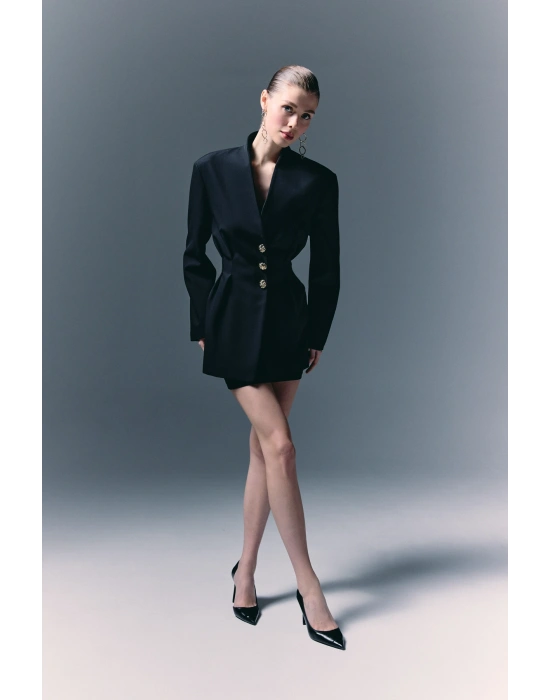 Gold Düğmeli Uzun Ceket - Siyah