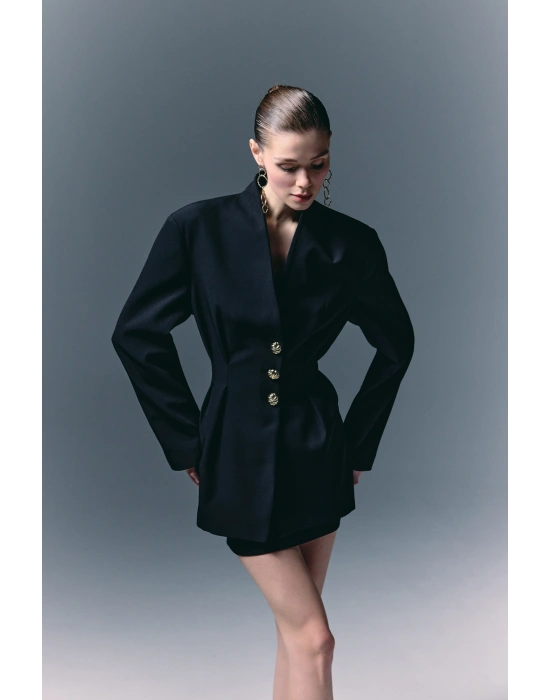 Gold Düğmeli Uzun Ceket - Siyah