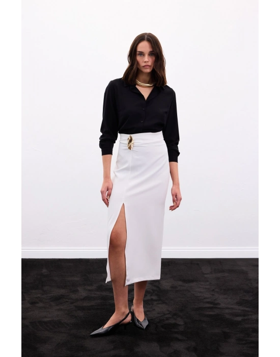 Gold Yan Aksesuarlı Etek - Ekru