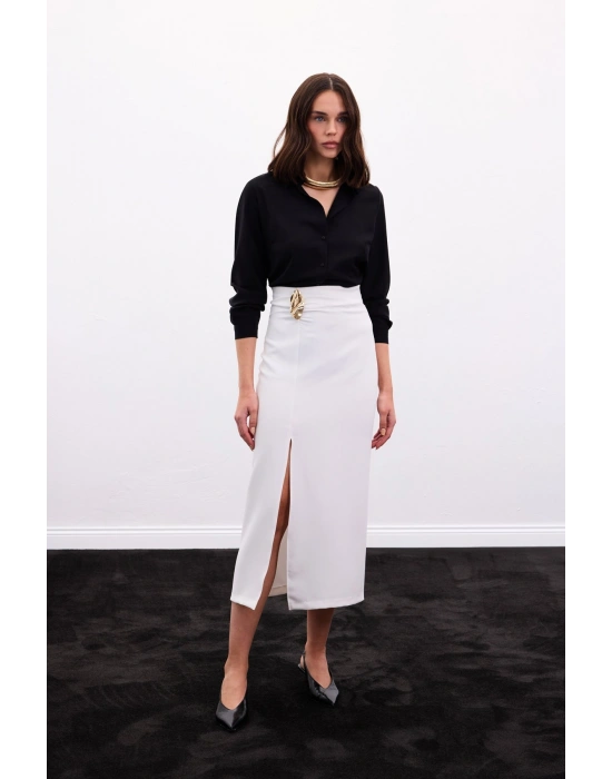 Gold Yan Aksesuarlı Etek - Ekru