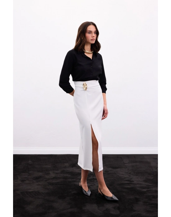 Gold Yan Aksesuarlı Etek - Ekru