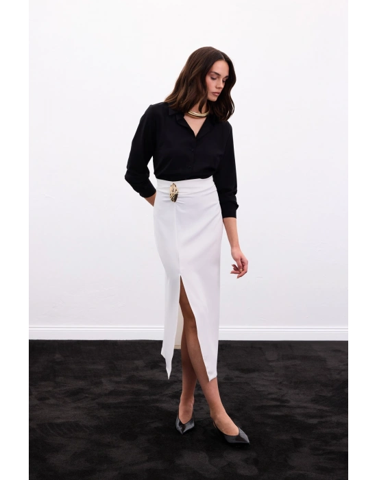 Gold Yan Aksesuarlı Etek - Ekru