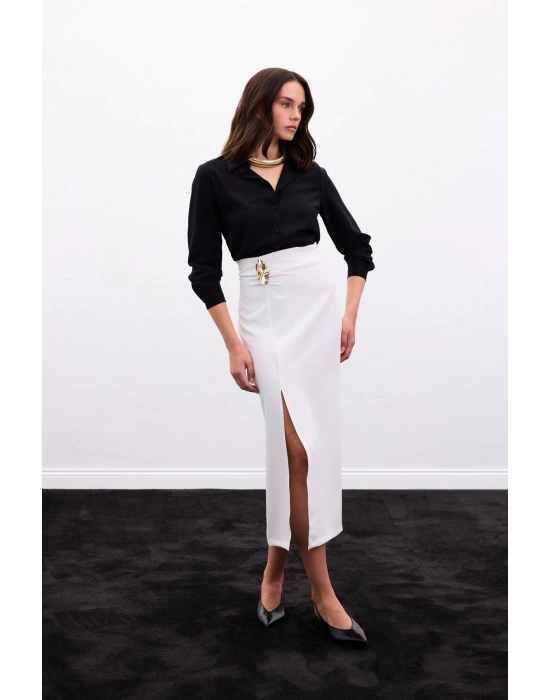 Gold Yan Aksesuarlı Etek - Ekru