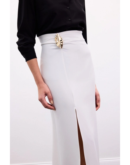 Gold Yan Aksesuarlı Etek - Ekru