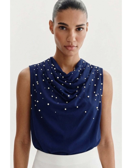 İnci Detaylı Bluz - Lacivert