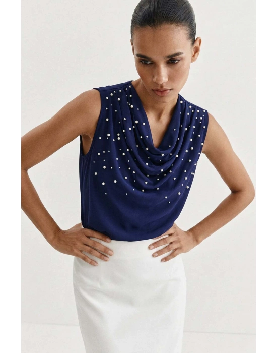 İnci Detaylı Bluz - Lacivert