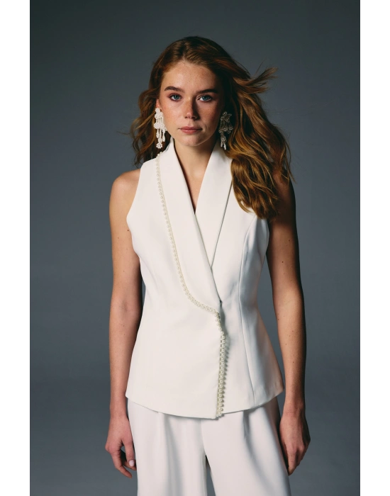 İnci Detaylı Yelek - Ekru