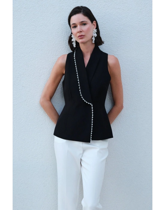 İnci Detaylı Yelek - Siyah