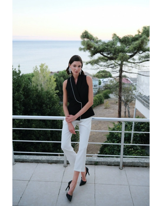 İnci Detaylı Yelek - Siyah