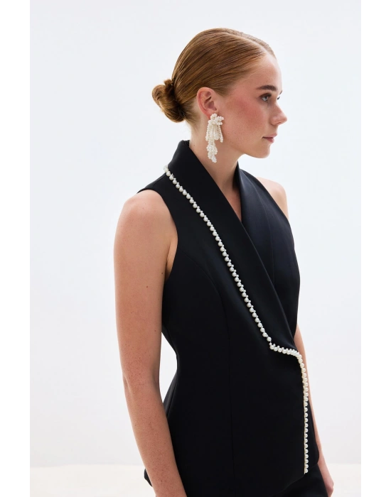 İnci Detaylı Yelek - Siyah