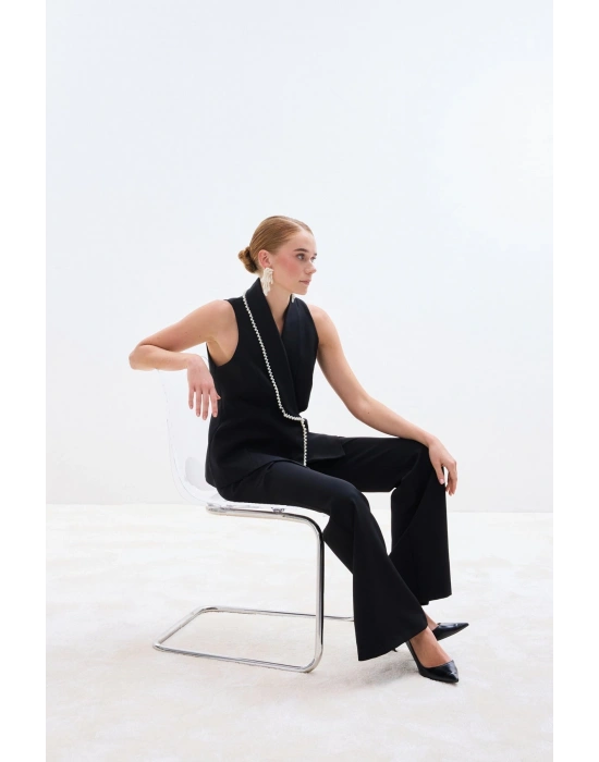 İnci Detaylı Yelek - Siyah