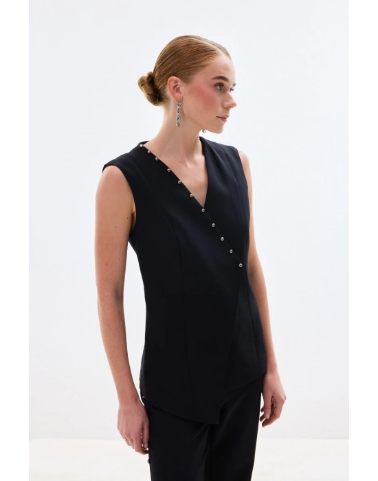 İncili Kruvaze Yelek - Siyah