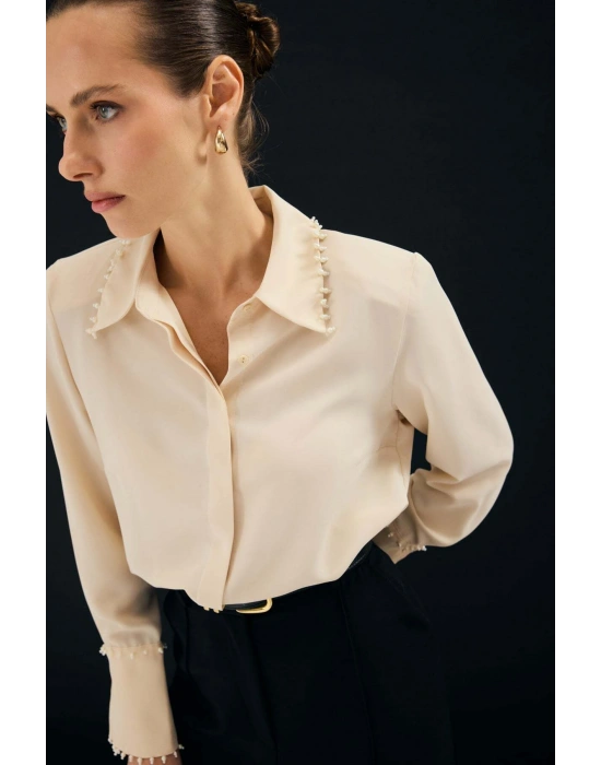 İşlemeli Gömlek - Bej