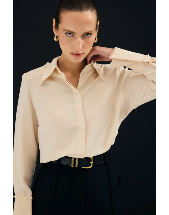 İşlemeli Gömlek - Bej