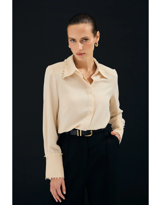 İşlemeli Gömlek - Bej