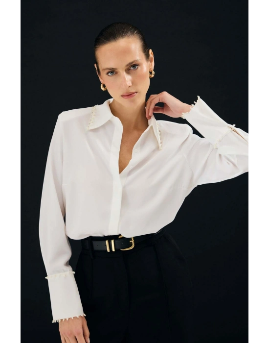 İşlemeli Gömlek - Ekru