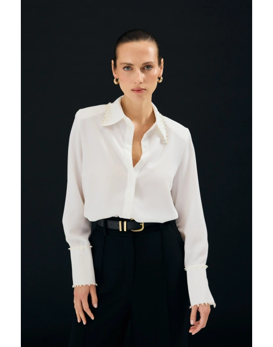 İşlemeli Gömlek - Ekru