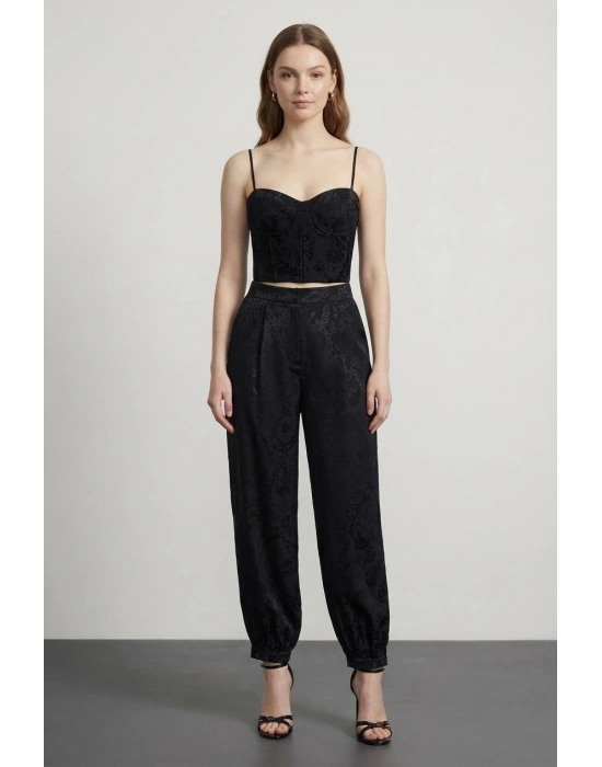 Jakarlı Ballon Fit Pantolon Siyah