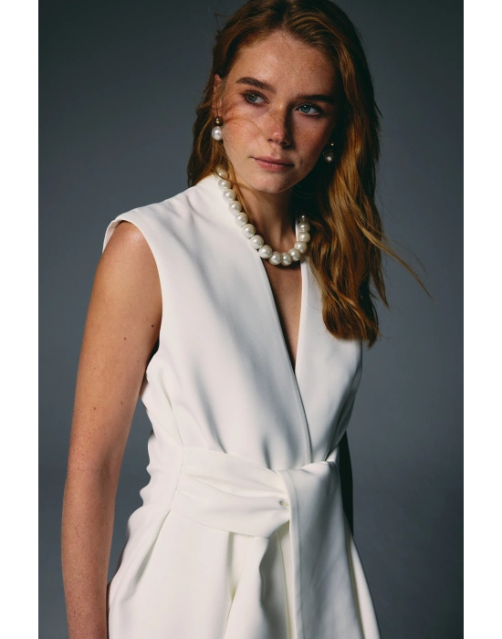 Kalın Kuşaklı Yelek - Ekru