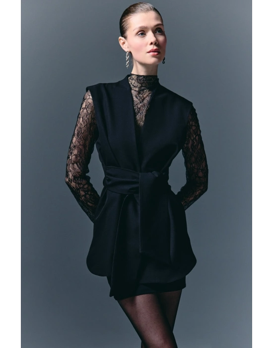 Kalın Kuşaklı Yelek - Siyah