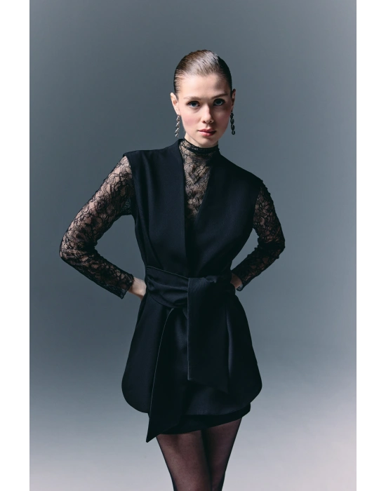 Kalın Kuşaklı Yelek - Siyah