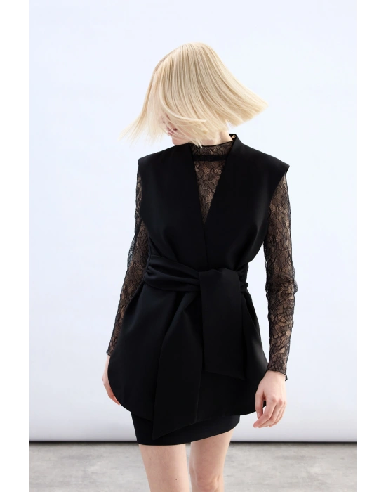 Kalın Kuşaklı Yelek - Siyah