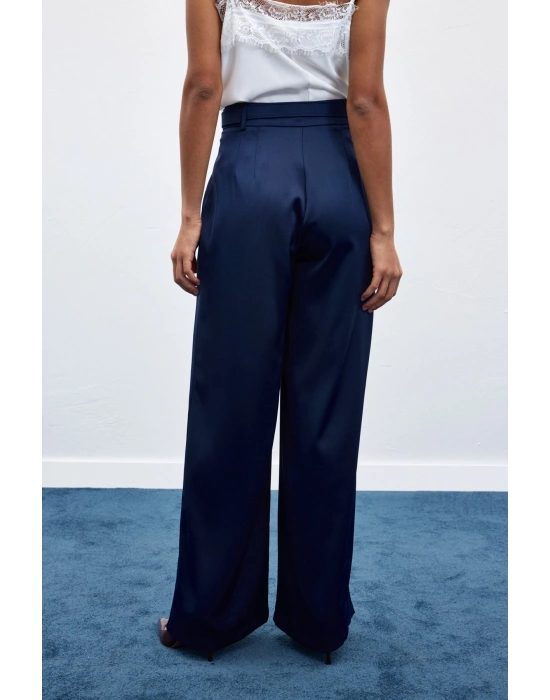 Kemer Detaylı Saten Pantolon - Lacivert