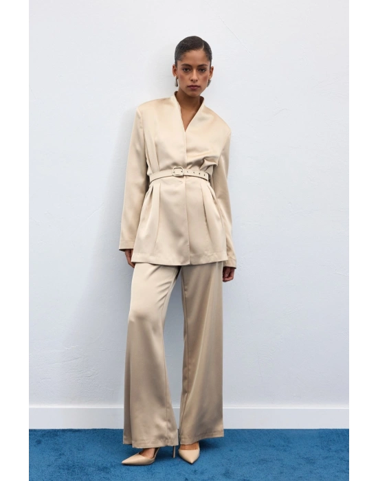 Kemer Detaylı Saten Pantolon - Taş