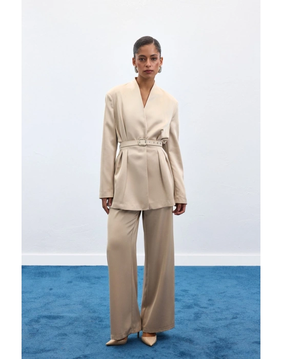 Kemer Detaylı Saten Pantolon - Taş