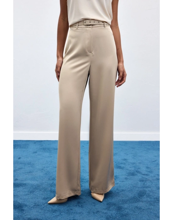 Kemer Detaylı Saten Pantolon - Taş