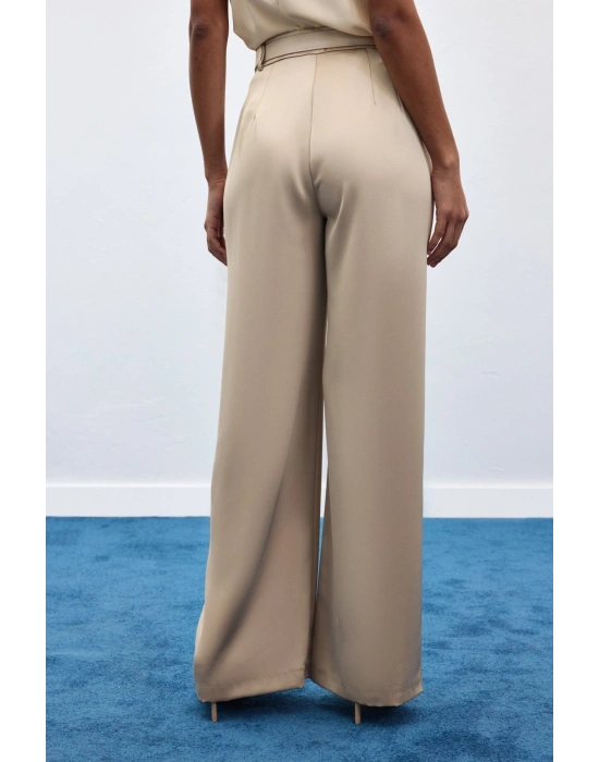 Kemer Detaylı Saten Pantolon - Taş