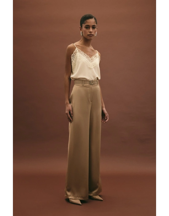 Kemer Detaylı Saten Pantolon - Vizon