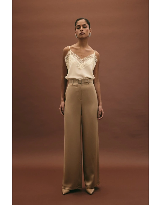 Kemer Detaylı Saten Pantolon - Vizon