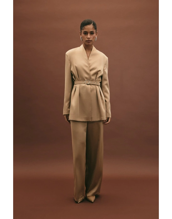 Kemer Detaylı Saten Pantolon - Vizon