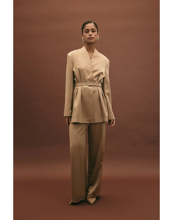 Kemer Detaylı Saten Pantolon - Vizon