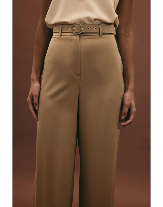Kemer Detaylı Saten Pantolon - Vizon