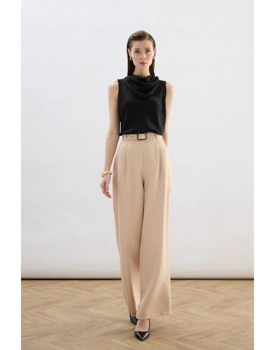 Kemerli Bol Pantolon - Bej