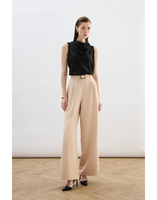 Kemerli Bol Pantolon - Bej
