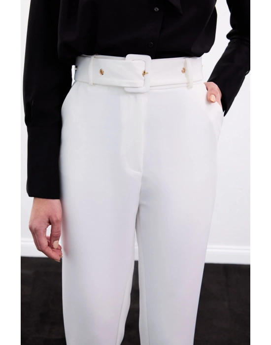 Kemerli Pantolon - Ekru