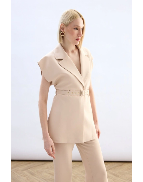 Kemerli Uzun Yelek - Bej