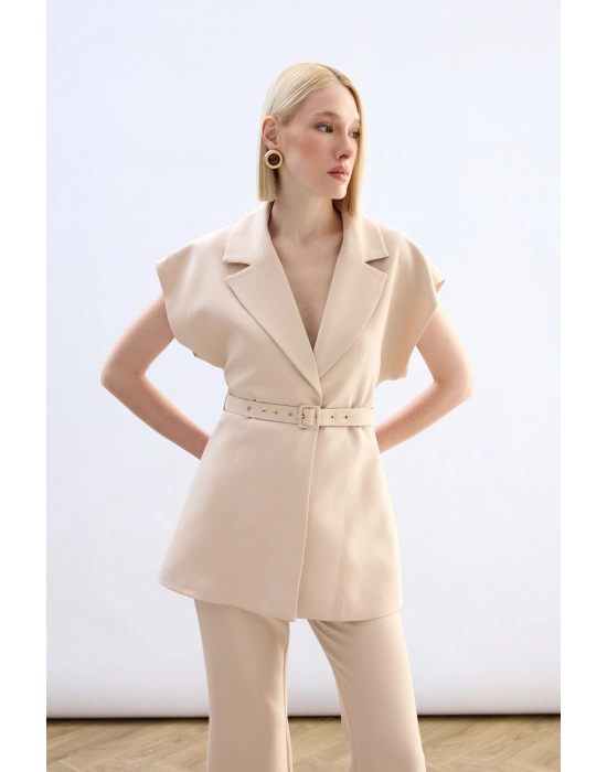 Kemerli Uzun Yelek - Bej