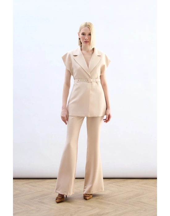 Kemerli Uzun Yelek - Bej