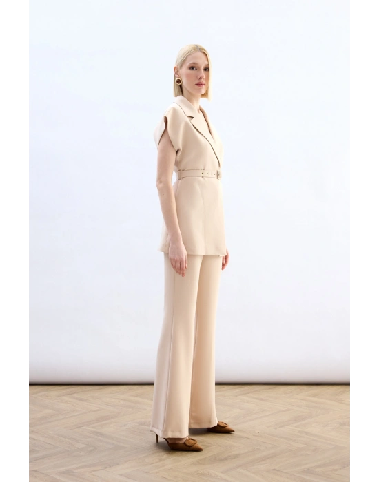 Kemerli Uzun Yelek - Bej