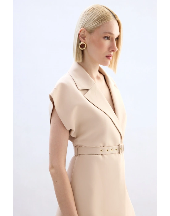 Kemerli Uzun Yelek - Bej