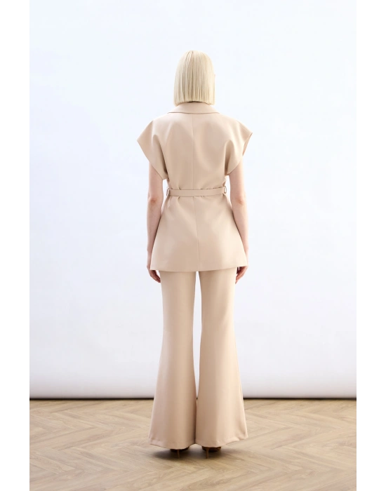 Kemerli Uzun Yelek - Bej