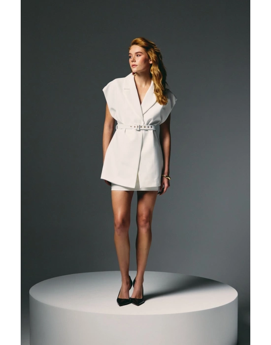 Kemerli Uzun Yelek - Ekru