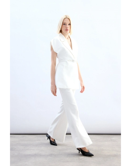 Kemerli Uzun Yelek - Ekru