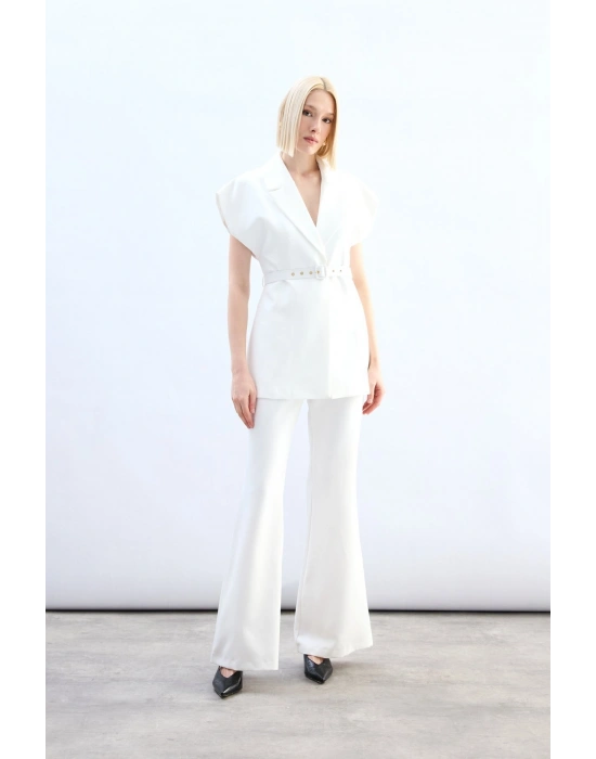 Kemerli Uzun Yelek - Ekru